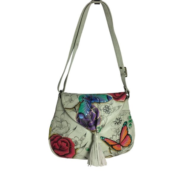 Anuschka NEVER USED Handpainted Leather Shoulder Bag Tassel Butterfly - Picture 2 of 12
